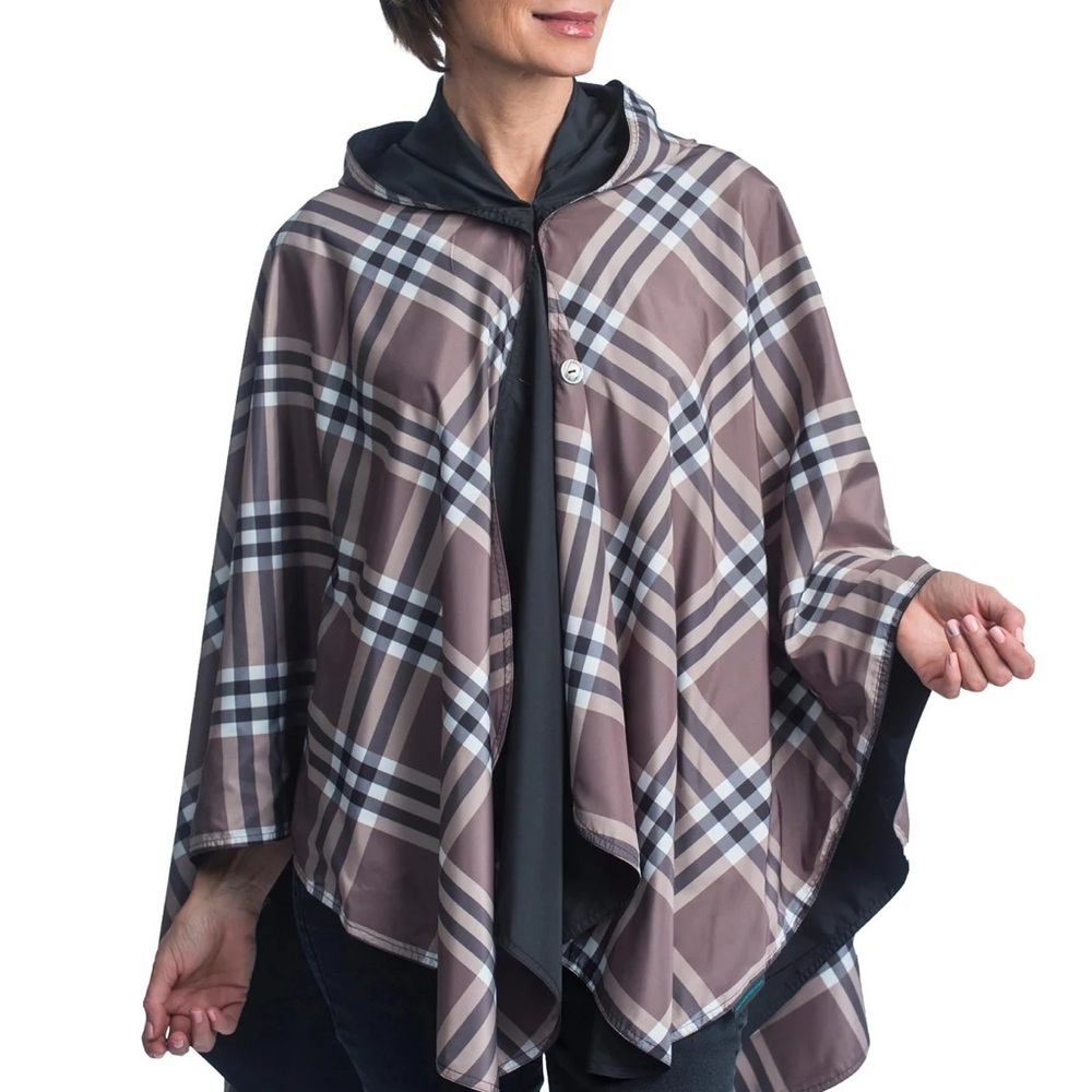 NEW Black & Coco Plaid Rainproof Hooded Rain Cape – Women's Rain Poncho
